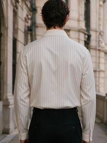 TONEVAULT Men's Striped Long Sleeve Single-Breasted Casual Commuter Shirt - White - View 2