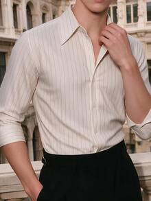 TONEVAULT Men's Striped Long Sleeve Single-Breasted Casual Commuter Shirt - White - View 1