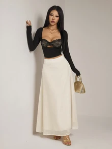 SHEIN PETITE Women's Elegant Commute Solid Color Long Skirt - Apricot - View 3