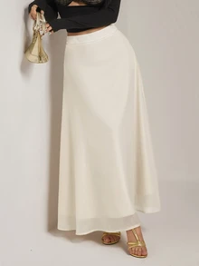 SHEIN PETITE Women's Elegant Commute Solid Color Long Skirt - Apricot - View 6