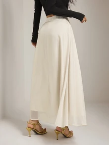 SHEIN PETITE Women's Elegant Commute Solid Color Long Skirt - Apricot - View 2