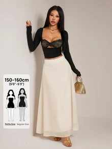 SHEIN PETITE Women's Elegant Commute Solid Color Long Skirt - Apricot - View 9