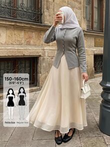 SHEIN PETITE Women's Elegant Commute Solid Color Long Skirt - Apricot - View 1