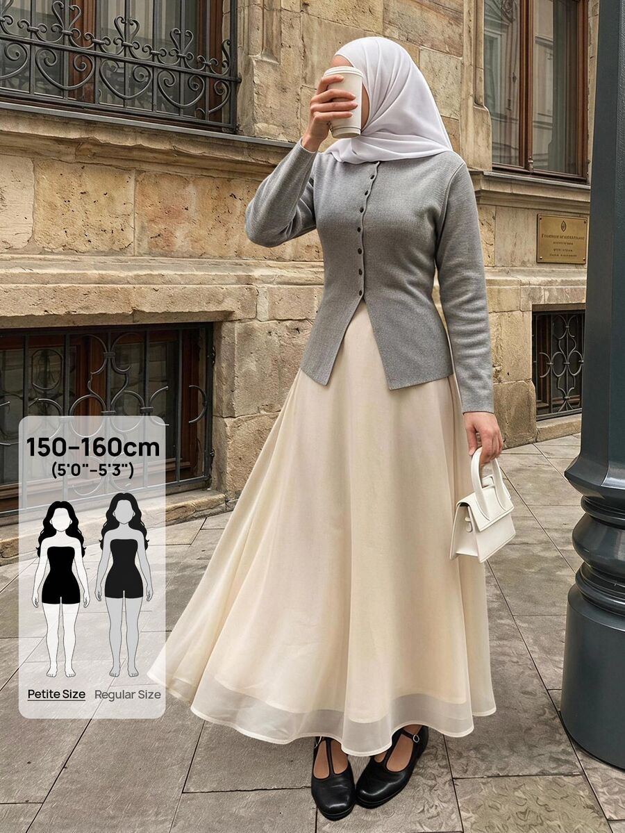 SHEIN PETITE Women's Elegant Commute Solid Color Long Skirt - Apricot - View 1