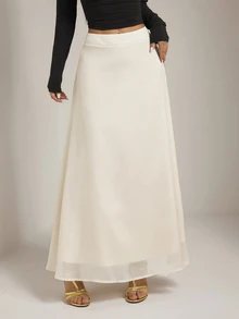 SHEIN PETITE Women's Elegant Commute Solid Color Long Skirt - Apricot - View 5