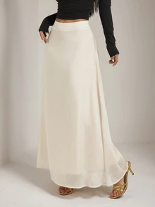 SHEIN PETITE Women's Elegant Commute Solid Color Long Skirt - Apricot - View 4