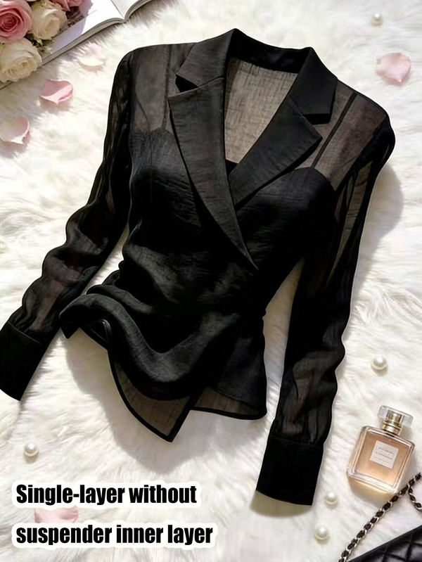 SHEIN Franclia 女款通勤學院風極簡時尚百搭黑色半透性感西裝領上衣，不對稱下擺側綁帶長袖襯衫，基礎款，適合夏季度假穿著、社交場合、辦公室穿著、工作服、女性度假、萬聖節、春節、海灘度假、戶外活動、女孩聚會、居家、購物、休閒娛樂