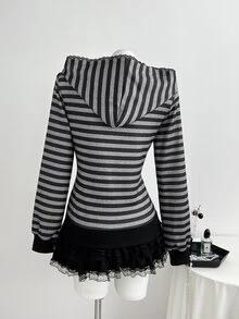 Elamini Hoodie Kasual Lengan Panjang Bergaris dengan Resleting untuk Wanita - MultiWarna - View 2