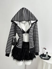 Elamini Hoodie Kasual Lengan Panjang Bergaris dengan Resleting untuk Wanita - MultiWarna - View 7