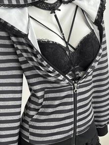 Elamini Hoodie Kasual Lengan Panjang Bergaris dengan Resleting untuk Wanita - MultiWarna - View 3