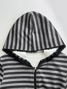 Elamini Hoodie Kasual Lengan Panjang Bergaris dengan Resleting untuk Wanita - MultiWarna - View 5