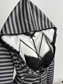 Elamini Hoodie Kasual Lengan Panjang Bergaris dengan Resleting untuk Wanita - MultiWarna - View 1