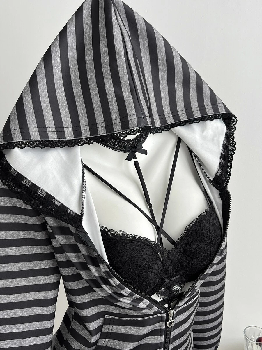 Elamini Hoodie Kasual Lengan Panjang Bergaris dengan Resleting untuk Wanita - MultiWarna - View 1