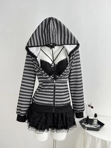 Elamini Hoodie Kasual Lengan Panjang Bergaris dengan Resleting untuk Wanita - MultiWarna - View 4