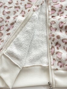 Elamini 秋冬女款休閒粉色對比色法蘭絨保暖內裡豹紋收腰拉鍊修身柔軟開學季居家長袖運動衫上衣 - 彩色 - 查看 6