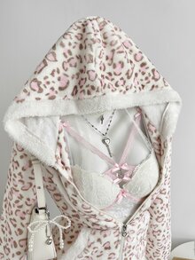 Elamini 秋冬女款休閒粉色對比色法蘭絨保暖內裡豹紋收腰拉鍊修身柔軟開學季居家長袖運動衫上衣 - 彩色 - 查看 1