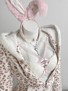 Elamini 秋冬女款休閒粉色對比色法蘭絨保暖內裡豹紋收腰拉鍊修身柔軟開學季居家長袖運動衫上衣 - 彩色 - 查看 8