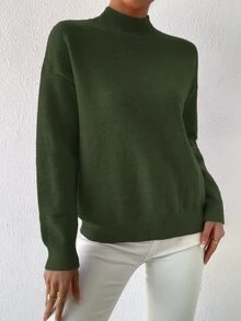 Louniche 圣诞节和秋冬假期新款休闲纯色落肩立领毛衣，可单穿或叠穿，适合各种场合和季节 - 軍綠色 - 查看 7