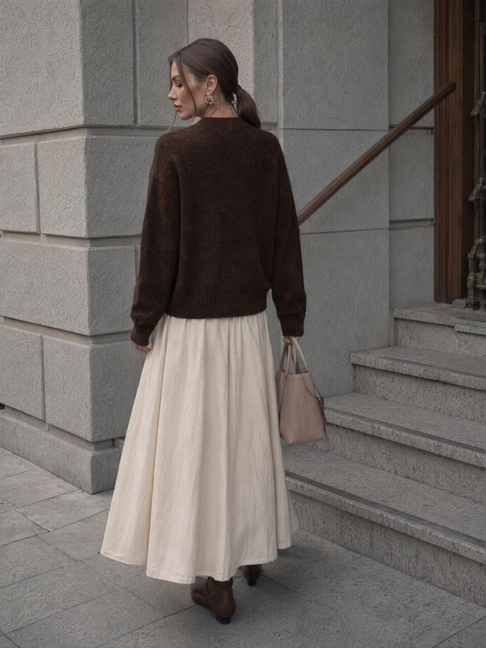 Vintage Colorblock Large Floral Jacquard Knit Sweater, Deep Brown Base With White Lily 3D Rope Embroidery And Rhinestone Decor, Loose Lazy Slimming Commuter Base Layer