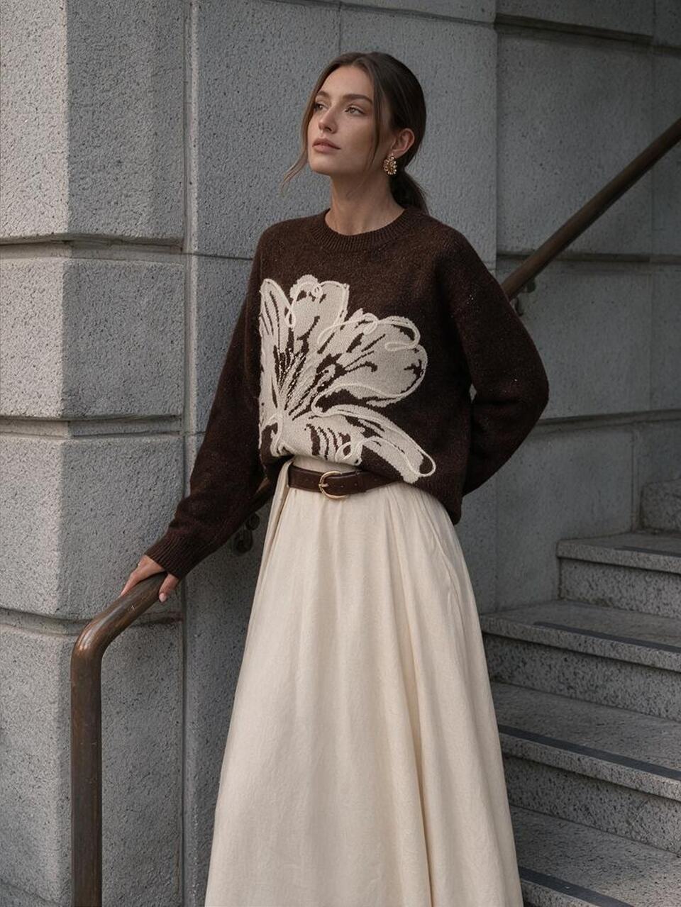 Vintage Colorblock Large Floral Jacquard Knit Sweater, Deep Brown Base With White Lily 3D Rope Embroidery And Rhinestone Decor, Loose Lazy Slimming Commuter Base Layer