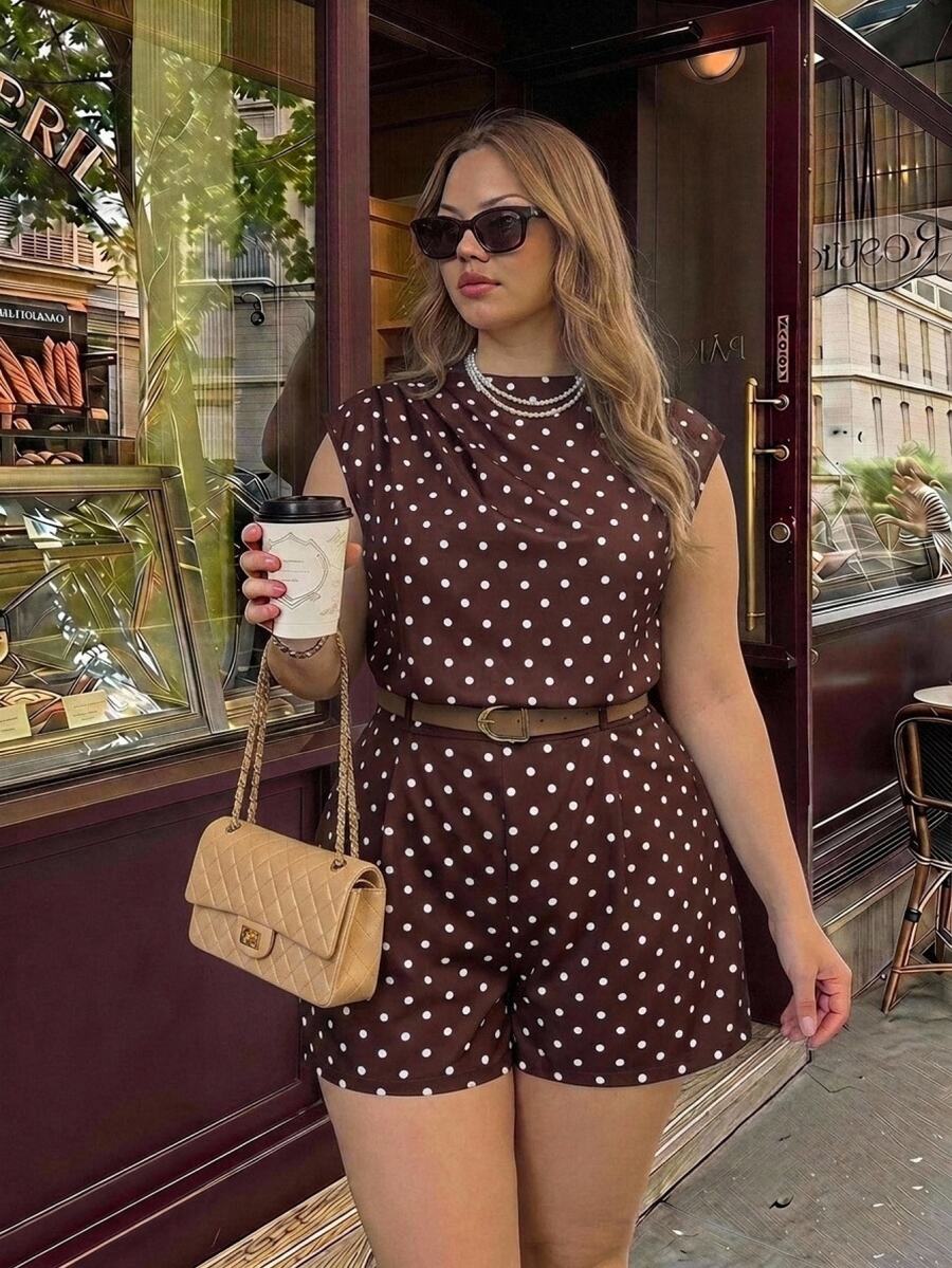 SHEIN MOD PLUS SIZE WOMEN HIGH NECK SOLID POCKET JUMPSUIT WITH BELT - Brown - View 1