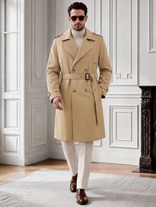 Core Aspect Men's Double-Breasted Autumn High-End Elegant Evening Trench Coat, Loose Solid Color Long Coat With A Lapel - Khaki - View 1