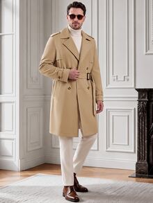 Core Aspect Men's Double-Breasted Autumn High-End Elegant Evening Trench Coat, Loose Solid Color Long Coat With A Lapel - Khaki - View 4