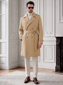 Core Aspect Men's Double-Breasted Autumn High-End Elegant Evening Trench Coat, Loose Solid Color Long Coat With A Lapel - Khaki - View 5