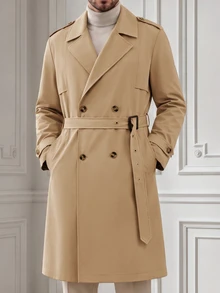 Core Aspect Men's Double-Breasted Autumn High-End Elegant Evening Trench Coat, Loose Solid Color Long Coat With A Lapel - Khaki - View 3