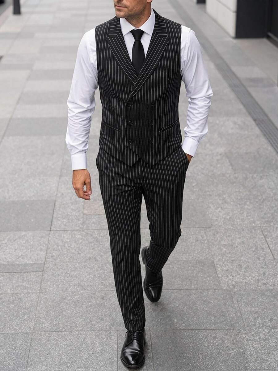 Manfinity Mode Men 1pc Vertical Striped Waistcoat & 1pc Suit Pants Set, Formal, Old Money - Black - View 1