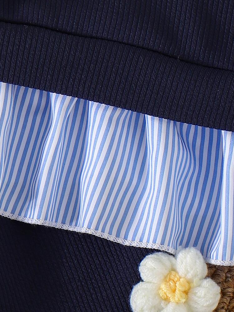 SHEIN Cute & Casual Blue & White Striped Long Sleeve Top Paired With Blue Pants, Floral Decor Newborn Outfit Autumn Fall - Blue - View 5