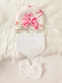 SHEIN 6件組新生女嬰禮品套裝 上衣褲子帽子圍兜 甜美公主風 粉色白色蝴蝶結印花 3D結飾 長袖 生日秋季套裝 含手套 - 粉色 - 查看 6