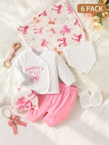 SHEIN 6件組新生女嬰禮品套裝 上衣褲子帽子圍兜 甜美公主風 粉色白色蝴蝶結印花 3D結飾 長袖 生日秋季套裝 含手套 - 粉色 - 查看 3