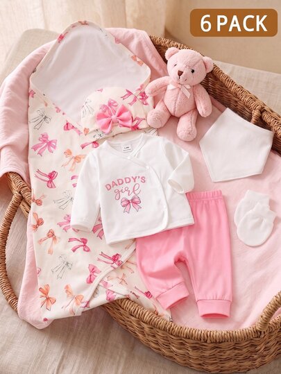SHEIN 6 Packs Newborn Baby Girls Gift Top Pants Hat Bib Gift Set Sweet Princess Pink White Bow Print 3D Knot Long Sleeve Birthday Fall Autumn Outfit Mittens