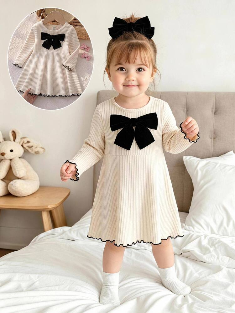 LMoss Kids Baby Girl Elegant & Cute Knitted Long Sleeve Dress - Apricot - View 2