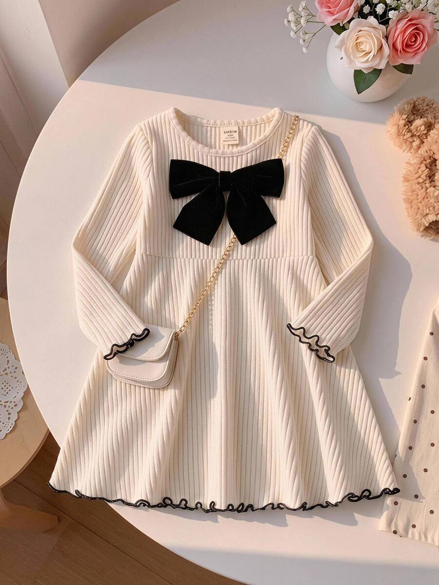 LMoss Kids Baby Girl Elegant & Cute Knitted Long Sleeve Dress - Apricot - View 1
