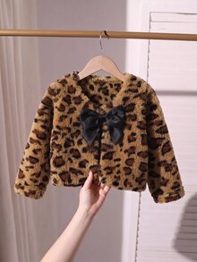 SHEIN 女童豹紋人造毛大衣，可愛大蝴蝶結蓬鬆夾克，冬季保暖奢華開襟外套 - 棕色 - 查看 4