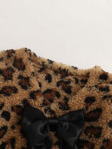 SHEIN 女童豹紋人造毛大衣，可愛大蝴蝶結蓬鬆夾克，冬季保暖奢華開襟外套 - 棕色 - 查看 5