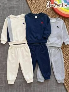 LMoss Kids 男嬰童卡通刺繡圖案厚針織柔軟圓領長袖套頭運動衫彈性腰長秋季長褲 6件套 - 彩色 - 查看 2