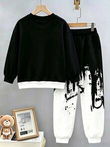 SHEIN Teen Boy Letter Print Crew Neck Long Sleeve Sweatshirt And Sweatpants Casual Set - Multicolor - View 3