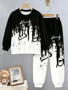 SHEIN Teen Boy Letter Print Crew Neck Long Sleeve Sweatshirt And Sweatpants Casual Set - Multicolor - View 4