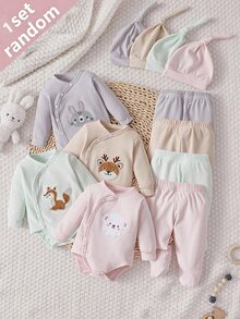 SHEIN 新生兒嬰兒 1件卡通圖案連身衣 + 1件褲子 + 1件帽子 - 彩色 - 查看 2