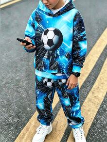2pcs Young Boys' Football Print Hoodie And Pants Set, Casual Sports Style For Fall/Winter - Blue - View 1