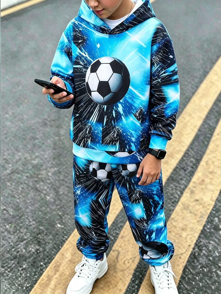2pcs Young Boys' Football Print Hoodie And Pants Set, Casual Sports Style For Fall/Winter - Blue - View 1