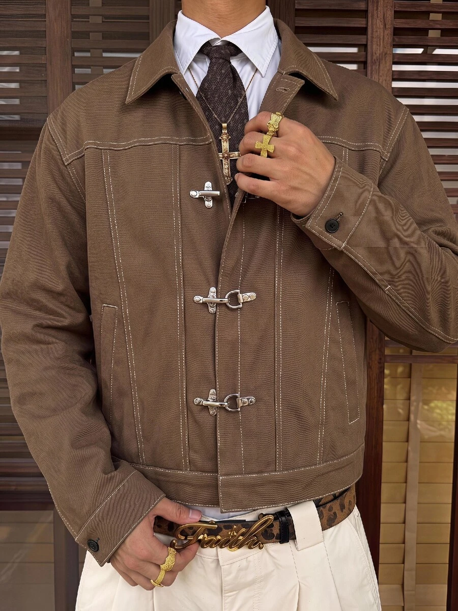 SWAVVY Men's Street Fashion Long Sleeve Jacket With Airplane Buckle - Brown - View 1