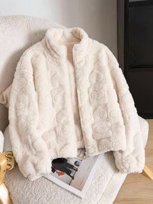 SHEIN Tween Girl Casual Versatile Kids Heart Pattern Fuzzy Long Sleeve Stand Collar Jacket , Fall/Winter - White - View 4
