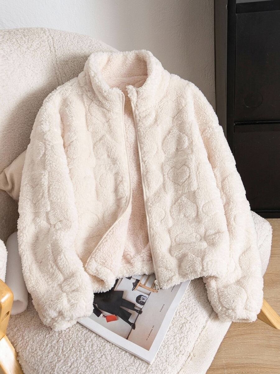 SHEIN Tween Girl Casual Versatile Kids Heart Pattern Fuzzy Long Sleeve Stand Collar Jacket , Fall/Winter - White - View 1