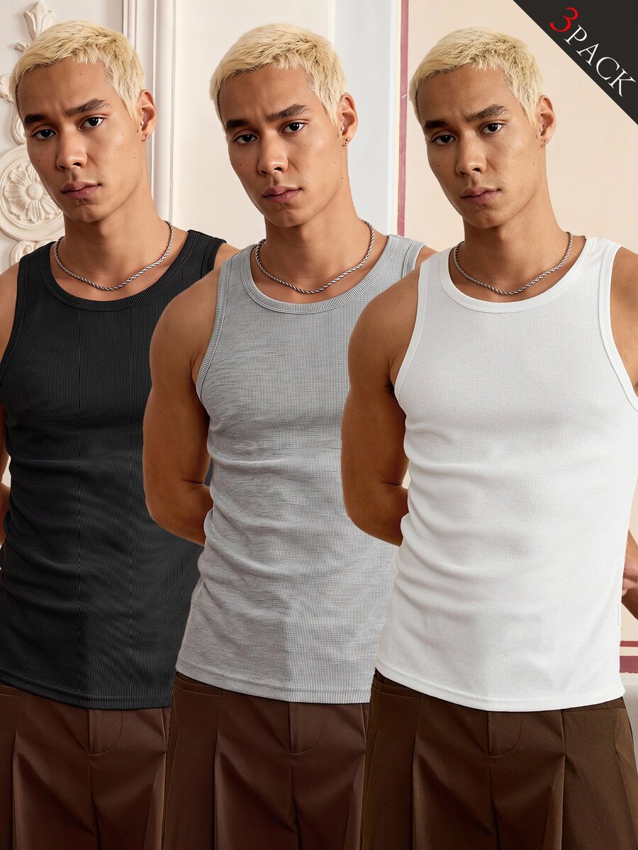 SWAVVY 3pcs/Pack Casual Men's Solid Color Daily Tank Tops - Multicolor - View 1