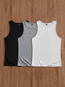 SWAVVY 3pcs/Pack Casual Men's Solid Color Daily Tank Tops - Multicolor - View 3
