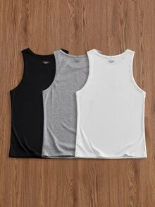 SWAVVY 3pcs/Pack Casual Men's Solid Color Daily Tank Tops - Multicolor - View 4